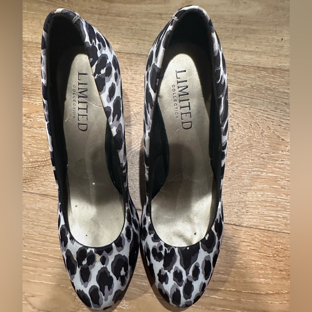 Vegan black and white leopard print heels.